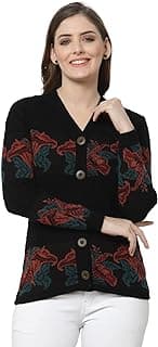 Kalt Women Sweater for Winter Woolen Acrylic Full Sleeves V Neck Floral Design Cardigan Sweater for Women