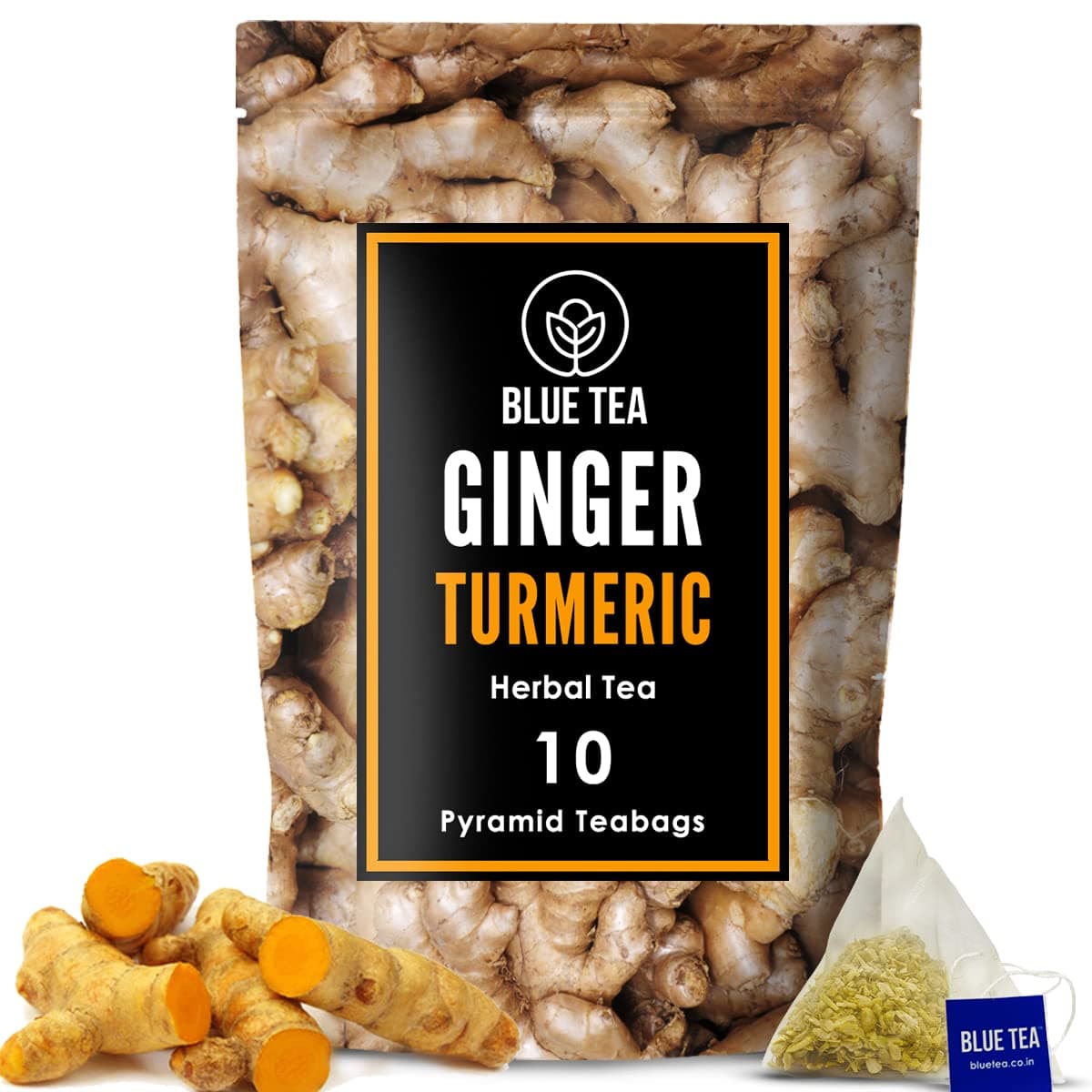 BLUE TEA - Ginger Turmeric Tea - 10 Tea Bags - Plant Based | AYURVEDIC BLEND | Detox Tea - Immunity Booster - Caffeine-free - Gluten Free- 100% Natural | Eco-Conscious Tin Pack