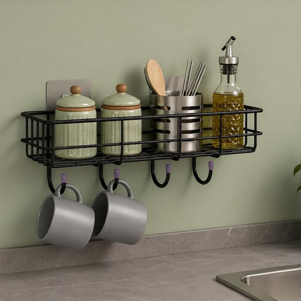 NAMUVA Stainless Steel Bathroom & Kitchen Shelf with 4 Hooks | Self Adhesive Wall Mounted Organizer Rack Black Rust Proof Storage Drill Free Space Saving Holder for Bathroom Home – Pack of 1 CED