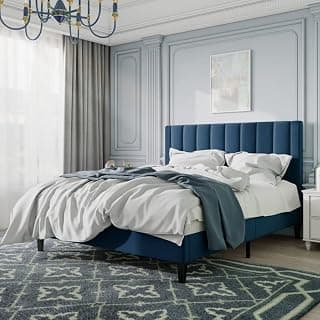 Queen Size Bed Without Mattress for Bedroom |Upholstered Platform Low Profile Queen Size Bed|Double Bed |Queen Size Bed Furniture (Blue, Engineered Wood)