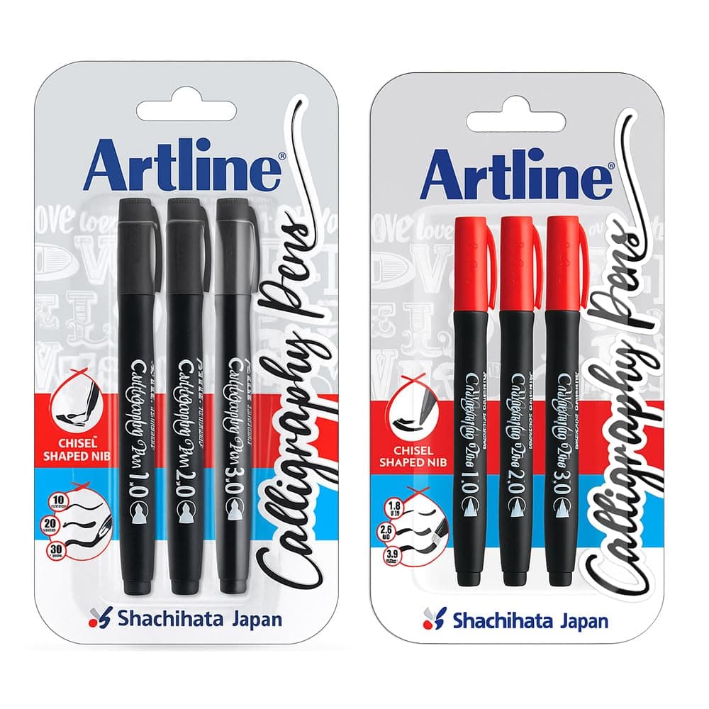 Artline Calligraphy Pens Set of 3 in Black and Red - Ergonomic Triangular Grip - Water-Based Ink - No Bleed - Perfect for Sketching, Lettering, and More