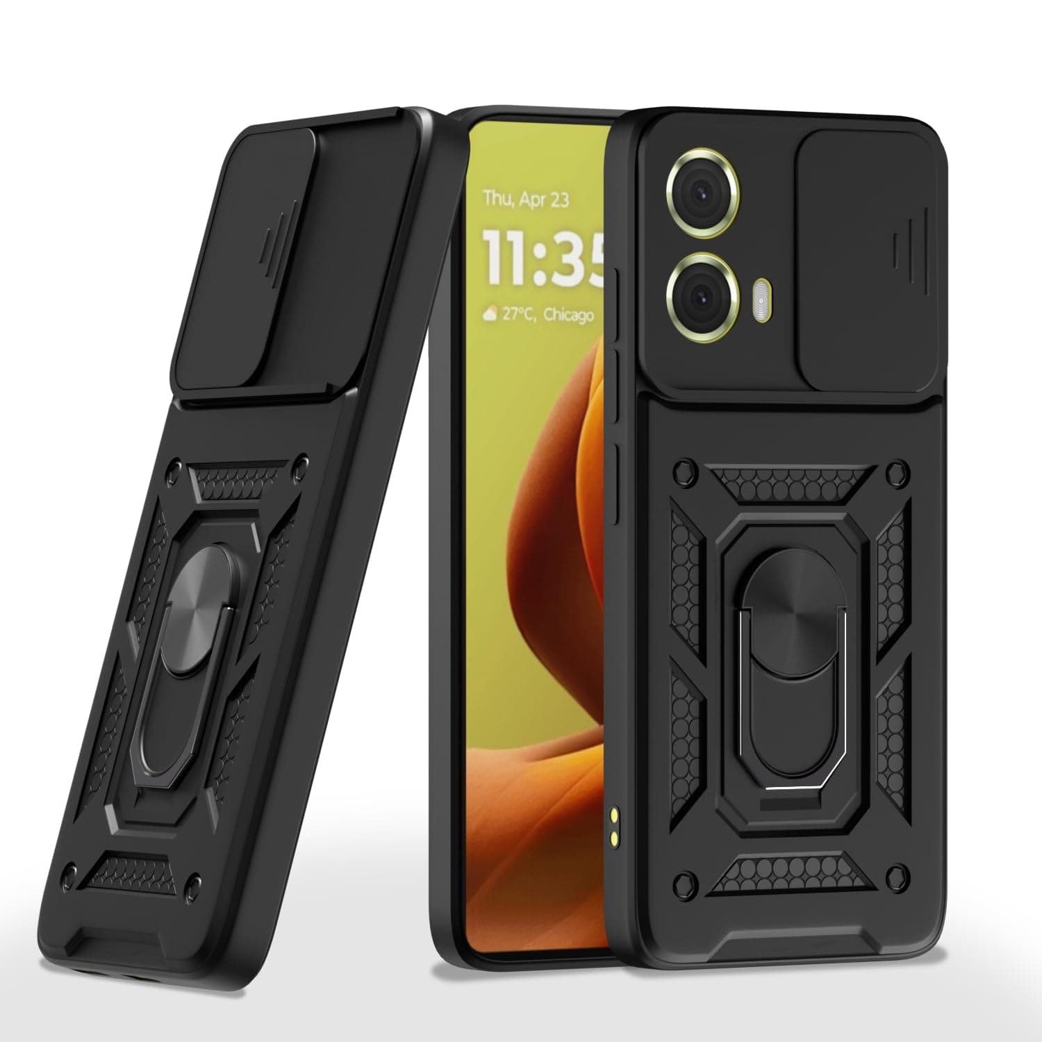 Amazon Basics Back Cover for Moto G85 5G|360 Protection Case|Sliding Camera Sheild Cover & Ring Holder Stand Back Cover|D10 Tough Armor Bumper Case (Black)