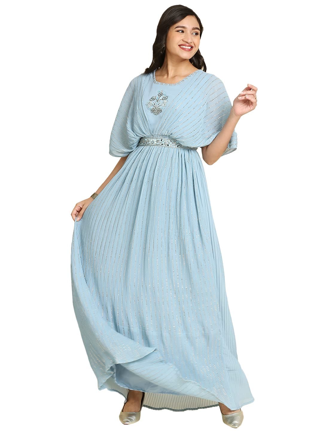 madhuram Women's Long Gown for Solid Georgette with Heavy Embroidery and Hand Work Belt with Round Neck Gown(M-2408)