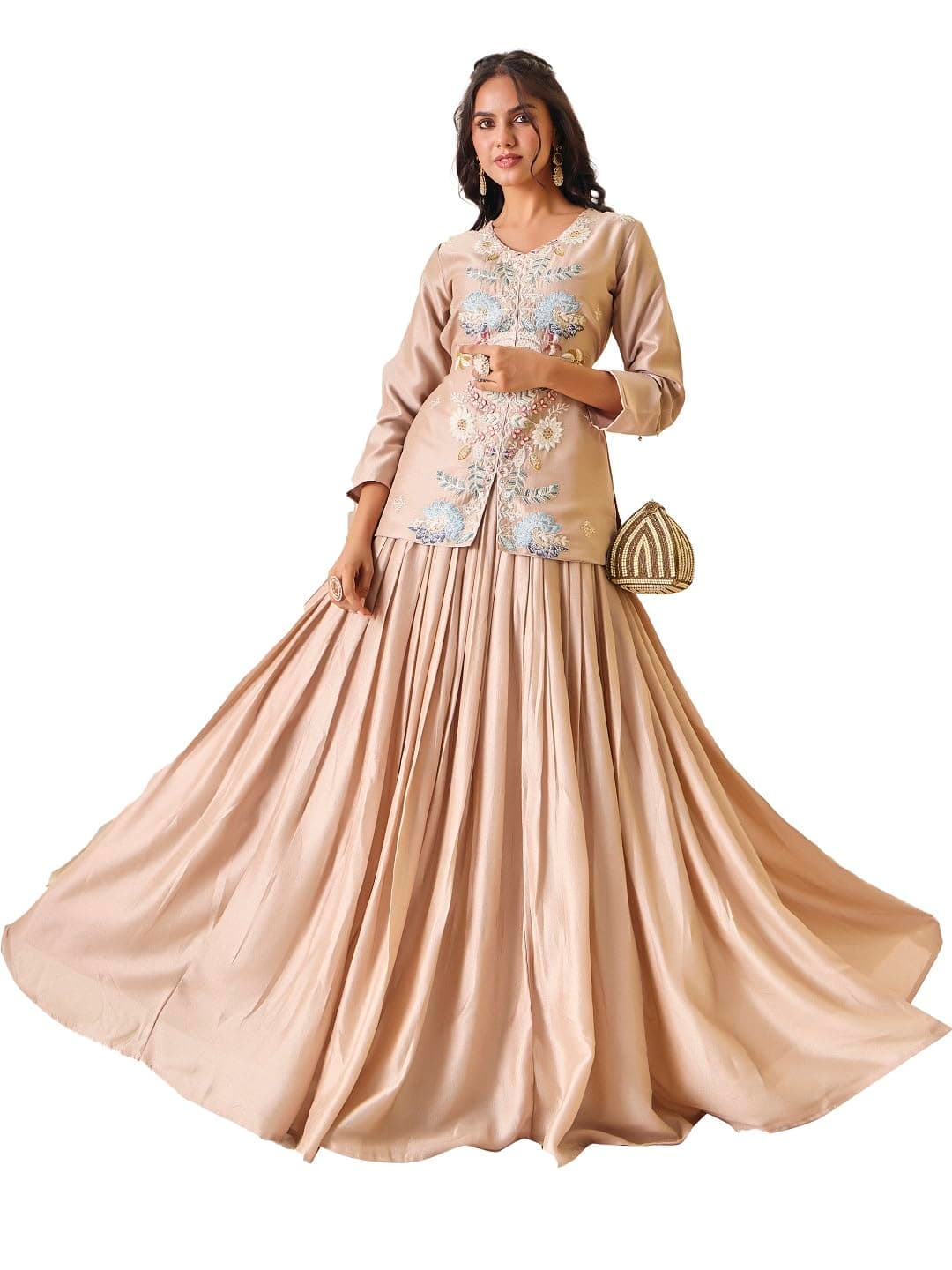 madhuram textiles Women's Vichitra Top Skirt Set for Women V-Neck Embroidered Ethnic Wear Dress(M-2561 Ivory)
