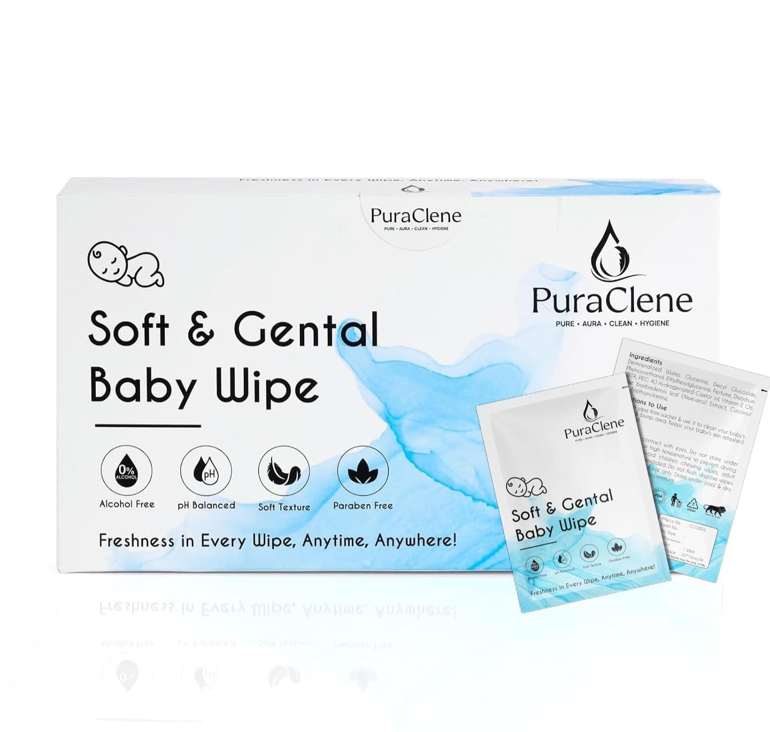 PuraClene Soft & Gentle Cleansing Baby Wipes - 50 Wipes | 99% Pure Water | Extra Thick & Hypoallergenic for Newborn & Infant Sensitive Skin | Paraben & Alcohol Free | Dermatologically Tested