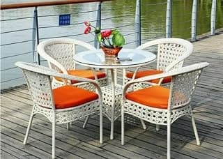 4+1 Outdoor Indoor Patio Furniture Sets Rattan Chair, Wicker Conversation Set Poolside Lawn Chairs Swingarea Balcony Garden Furniture (White & Orange Cushion) 50x50x66 Cm