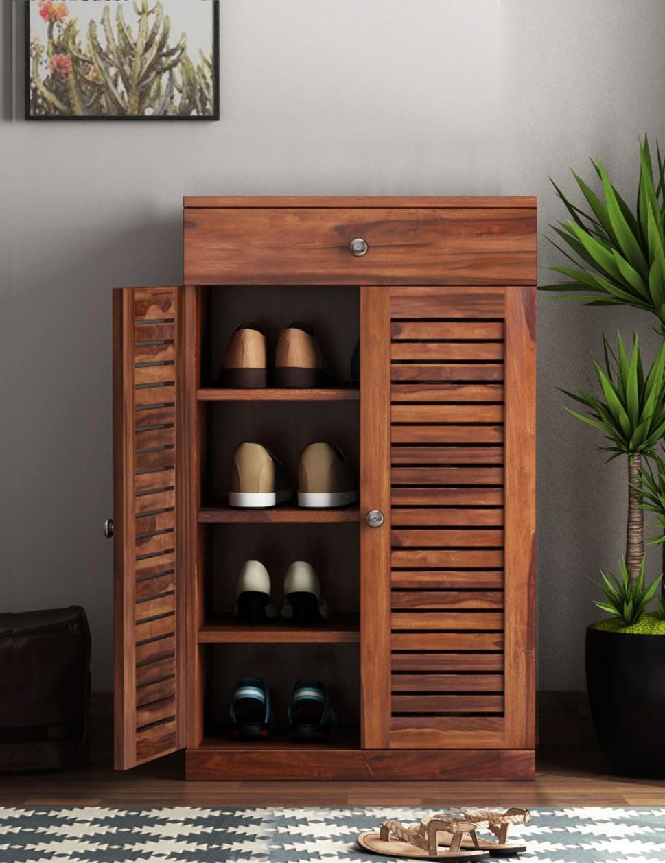 The Attic Evora Shoerack, Shoe Storage Cabinet for Home, Shoe Rack with Seat & Door, Shoe Organizer, Shoe Rack for Home, Honey Matte Finish