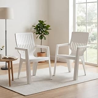 Nilkamal Ortho Comfort Plastic Chair with Arm|Set of 2| 3 Year Warranty |Stackable Chair for Home, Living Room, Dining Room, Cafe & Balcony |Ergonomic Back Support |Indoor & Outdoor |Cream