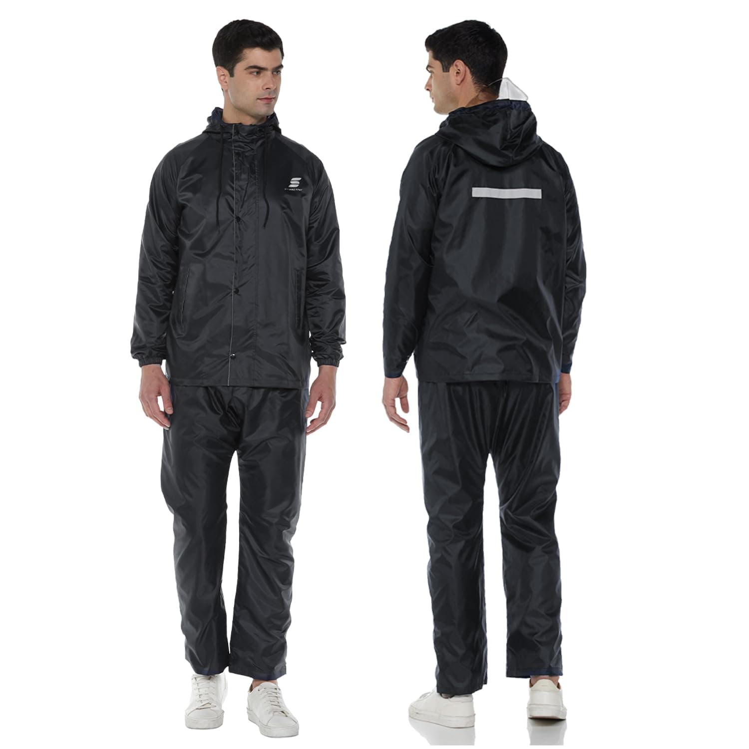 Amazon Brand - Symactive Waterproof Reversible Raincoat Set for Men | Polyester Shell with Heat Sealed PVC Lining | Jacket and Pant with Hood | Inner Mobile Pocket | Black, XL