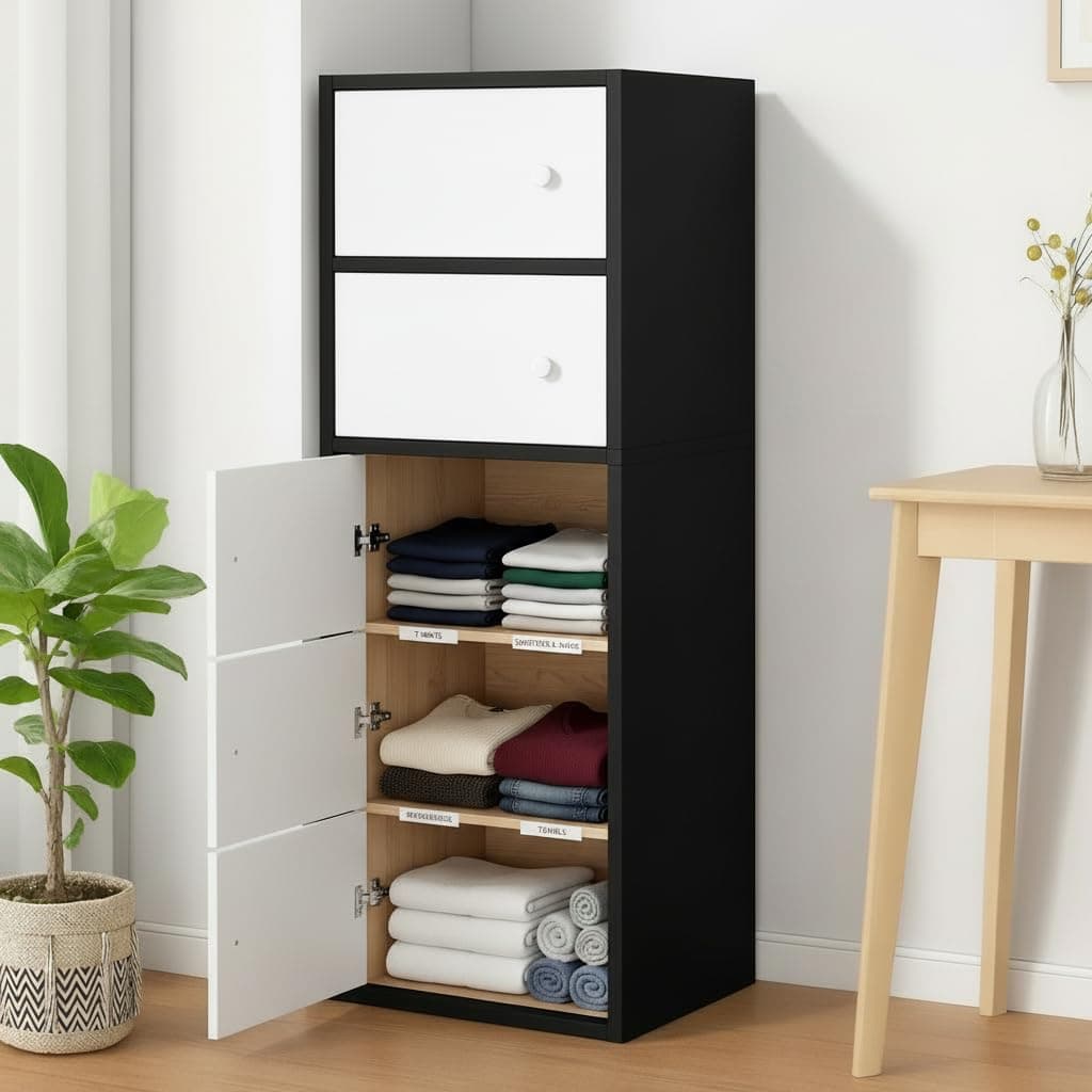 EXVITO Engineered Wood Wardrobe for Bedroom | Foldable 5-Shelf Wooden Storage Cabinet | Cupboard Almirah for Clothes | Collapsible Wardrobe | Space Saving Wooden Cabinet - Black