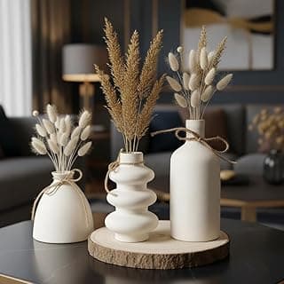 PUREZENTO KONSO Family White Ceramic Vase - Set of 3 | Unique Shape Vases for Modern Home Decor, Shelves, Coffee Tables, Living Room | Vase for Pampas Grass, Dried, and Artificial Flowers