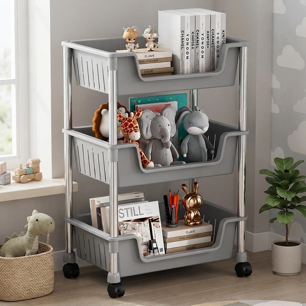 JD FRESH 3-Tier Multi Storage Rack for Home & Kitchen/360-Degree Rotating Wheels with Breathable Kitchen Shelf Storage Rack/Plastic Rolling Cart for Kitchen, Bathroom, Office & Living Room (Grey)