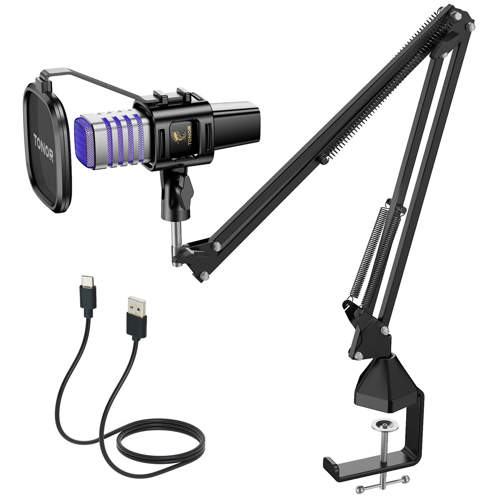 TONOR USB Gaming Microphone, RGB Streaming Microfono Set, PC Podcast Recording Computer Mic for PS4/5, Discord, Twitch, Cardioid Condenser Mic with Adjustable Boom Arm Stand TC30S+
