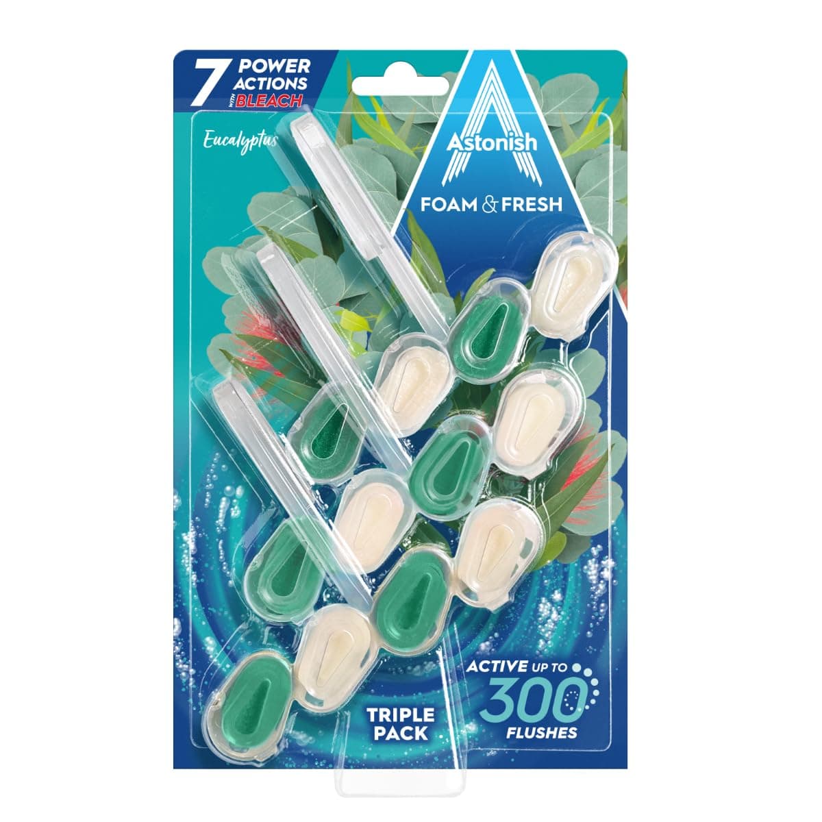 Astonish Foam & Fresh Eucalyptus Toilet Rim Blocks – 3-Pack | 6 Power Actions: Limescale Prevention, Odour Control, Rich Foam | Up to 300 Flushes per Block | Vegan & Cruelty-Free | UK Made