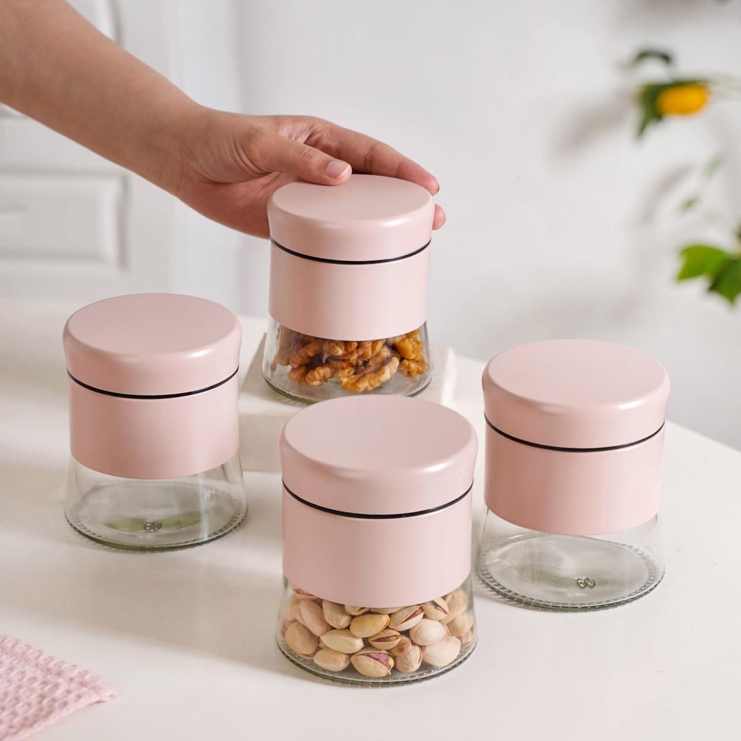 Nestasia Metal Jacketed Glass Jars Set of 4 (600 ml) | Airtight See - Through Glass Containers with Lids for Kitchen Storage - Ideal for Storing Snacks, Dry Fruits, Pickles or Pulses (Pastel Pink)