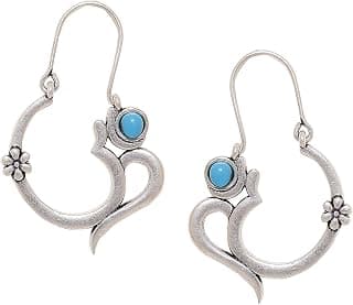 VOYLLA Brass Silver Moksha OM Design Hoop Earrings with Turquoise Blue Stone for Women and Girls