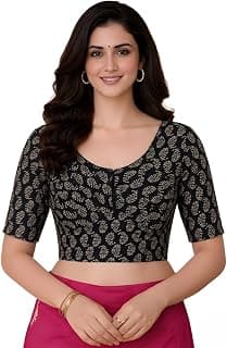 Amazon Brand - Anarva Women's Kalamkari Stretchable Readymade Cotton Ajrakh Printed Saree Blouse