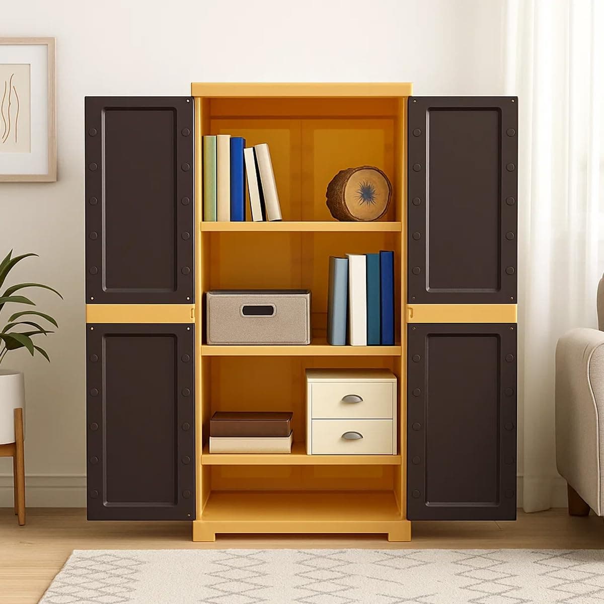 Nilkamal SpaceMax 4 Shelves Plastic Bookshelf with 3-Year Warranty| Multipurpose Storage Cabinet & Book Rack for Home | Durable, Waterproof, Easy-Clean | Living Room & Bedroom Organiser|Biscuit Brown