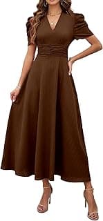 Shasmi Girl's & Women's Solid Color V-Neck A-Line Maxi Dress for Women | New Year Party Outfit | Waist Cinched Puff Sleeve Western | Elegant Casual Wear (Dress 246)