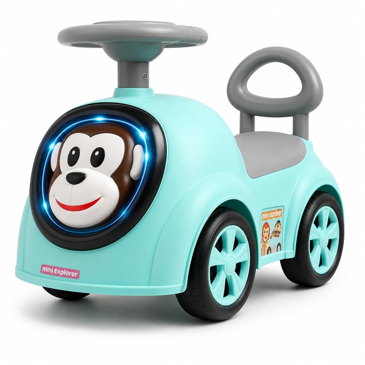 MiniExplorer Monkey Ride-On Toy Car for Kids | Push Ride Car with Music, Horn, Backrest, Safety Guard, Under Seat Storage & Big Wheels | Baby Ride-On for 1-3 Years Boys & Girls - Blue