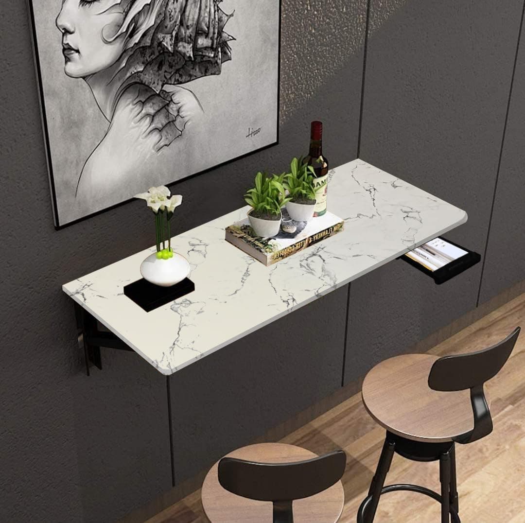 QARA (40x16 inches Wall Mounted Table with Drawer| Wall Mount Table with Drawer | Folding Round Corner Study Table|Wall Table Foldable (Italian Pearl)…