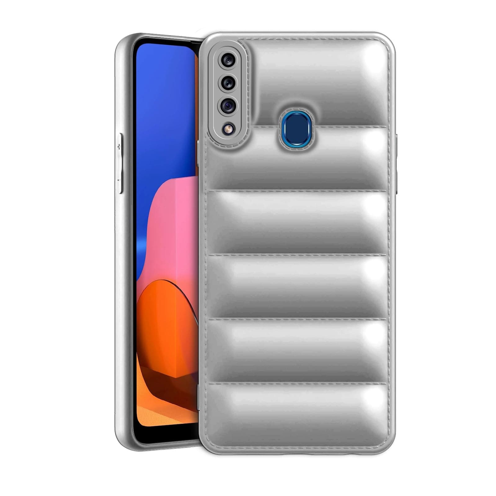 Amazon Brand - Solimo Puffer Case Camera Protection Soft Back Cover for Samsung Galaxy A20s - Silver