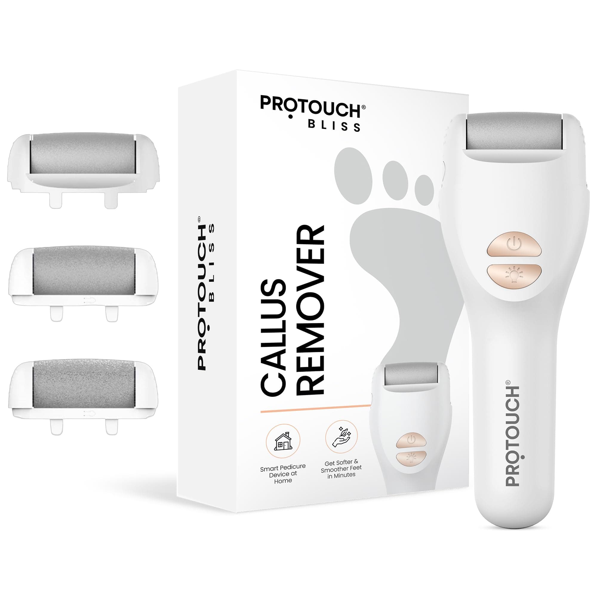 PROTOUCH Bliss Callus Remover | Rechargeable Electric Foot Scrubber for Dead Skin & Cracked Heels | 3 Roller Heads, 2 Speeds | Professional Pedicure Tool | 1 Year Doorstep Warranty