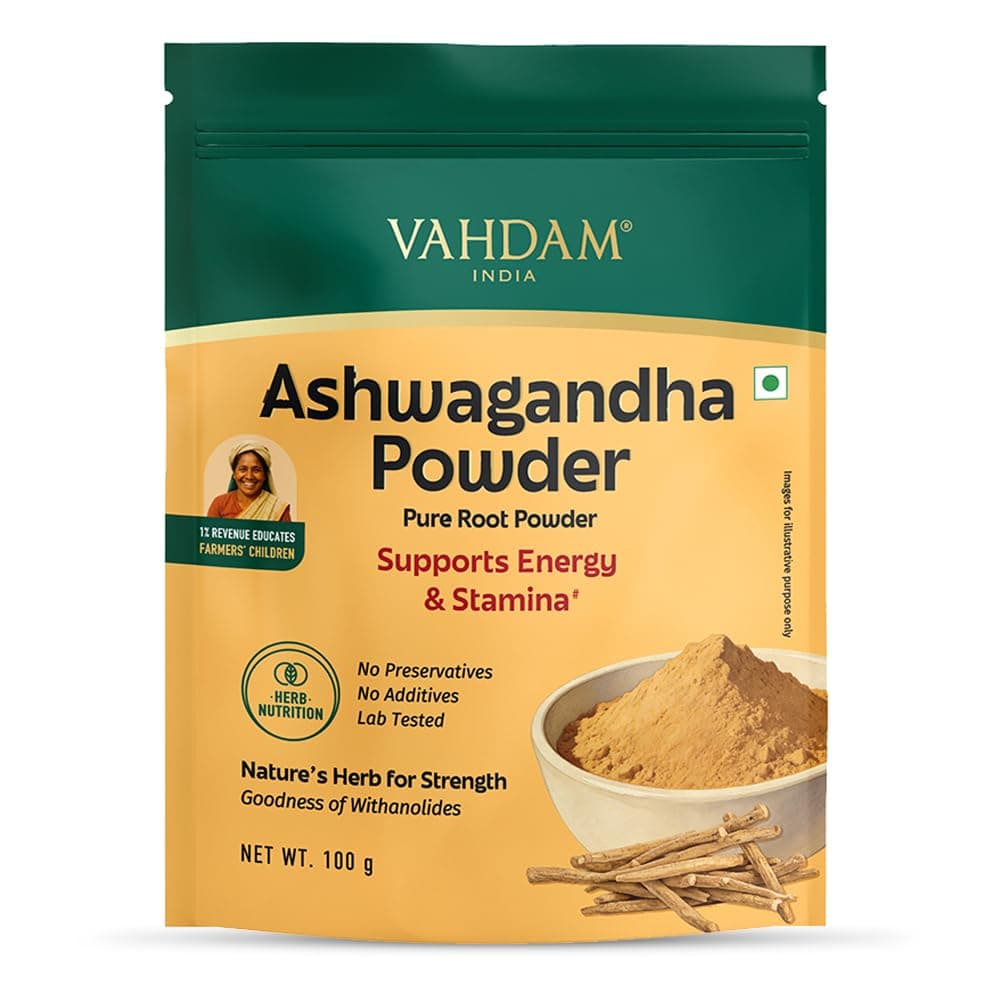 VAHDAM Ashwagandha Powder 100g | Pure Root Powder | Withania Somnifera | Supports Energy, Stamina & Stress Management | Vegan | 33 Servings
