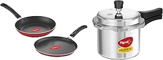 Favourite Induction Base Aluminium Pressure Cooker with Outer Lid, 3 Litres & Pigeon Aluminium Nonstick Duo Pack Flat Tawa 250 and Fry Pan 200 Gift Set