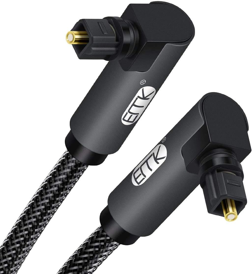 EMK 90 Degree Optical Audio Cable, Toslink Cable Nylon Braided Digital Audio Optical Cable for Sound Bar, TV, PS4, Xbox Gray (1.5-Meter)