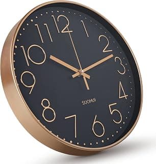 Fibreglass Plastic 12 Inch Silent Wall Clock Non-Ticking Modern Style Wall Clocks Battery Operated For Home (Golden Frame Black Dial)