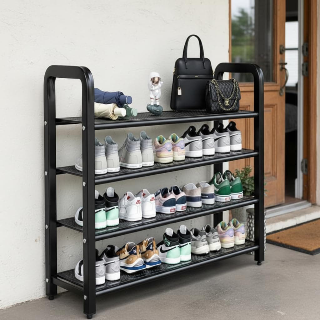 EXVITO Metal Shoe Rack for Home - Adjustable & Stackable Waterproof Open 4-Tier Shoe Rack for Closet Entryway, Bedroom, Outdoor, DIY Multi-Purpose Carbon Steel Shoe Stand - Black