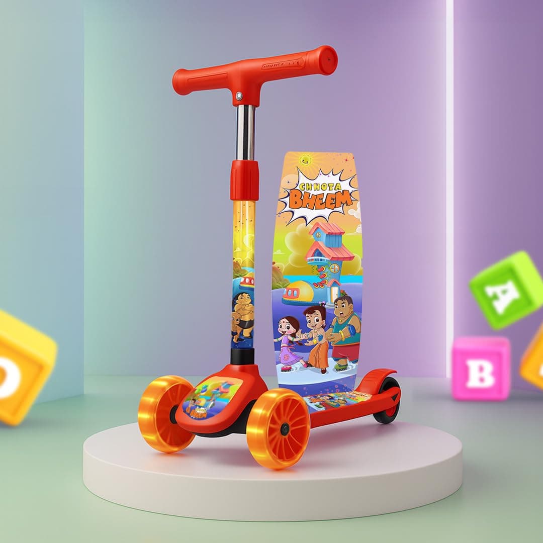 Kidsmate Chhota Bheem® Kick Scooter with Broad LED PVC Wheels | Non-Slip Wide Deck with Push Brake Kids Scooter for Age 3+ Yrs | 4-Level Height Adjustable | Max User Weight 50Kg - Red