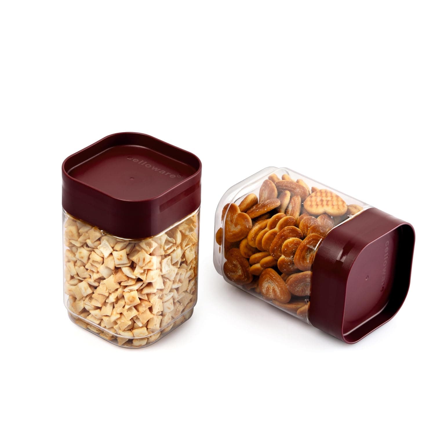 CELLO Modustack Square Containers Set of 2 (750 ml x 2), Maroon | Stackable | For Grains, Pulses, Spice, Cereals, Cookies, Dry Fruits | Fridge Storage Container