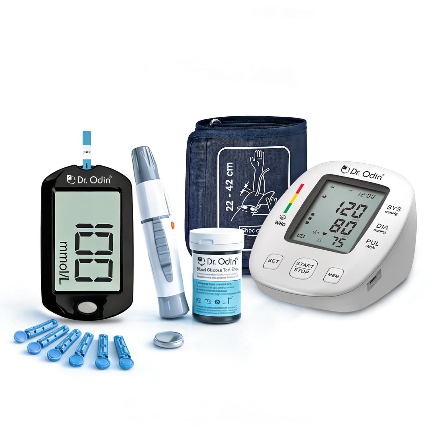 Dr. Odin OBP104 BP Monitor and AC-307 GDH Glucometer Combo Kit | BP and Sugar Monitoring, 25 Test Strips, 25 Lancets, Lancing Device, Home Use