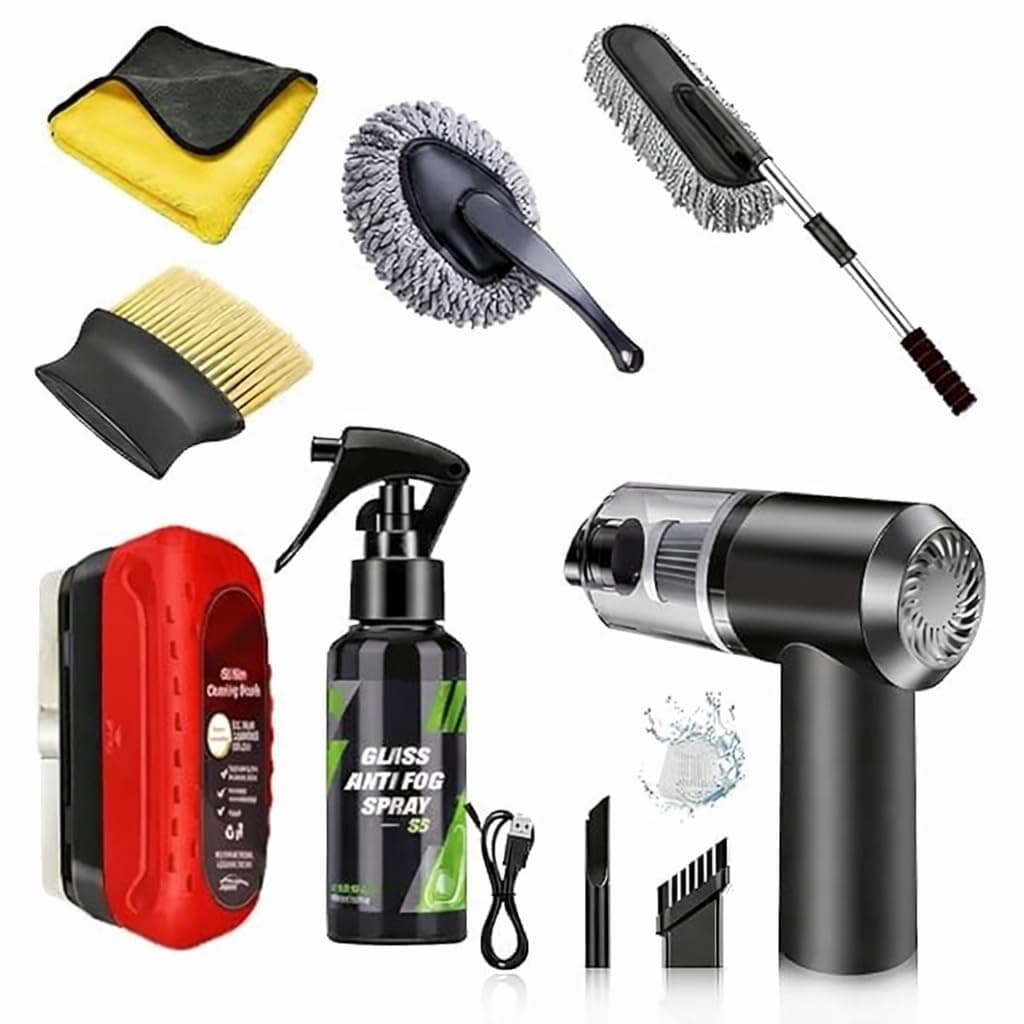 Azriel® 7 PCS Car Cleaning Kit with 3-in-1 Mini Vacuum Cleaner, Microfiber Cloth, Duster, Wheel Brush, Anti-Fog Spray & Glass Cleaning Tools (7 in 1 Car Combo)