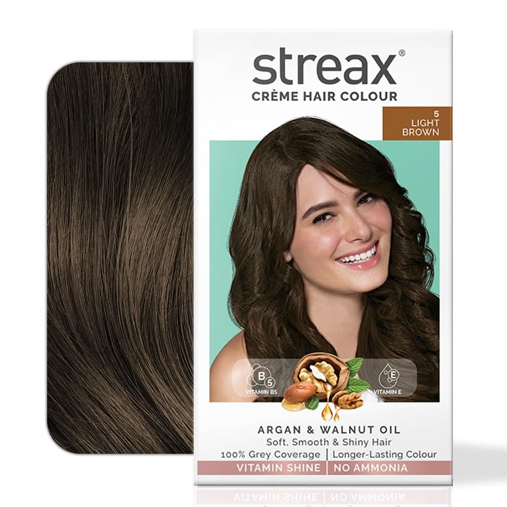 Streax Crème Permanent - 5 Light Brown Hair Color- 140 Ml, 100% Grey Coverage, Ammonia Free, Long Lasting For Women(Colourant Tube 60G,Developer Bottle 60Ml,Conditioner 20G)