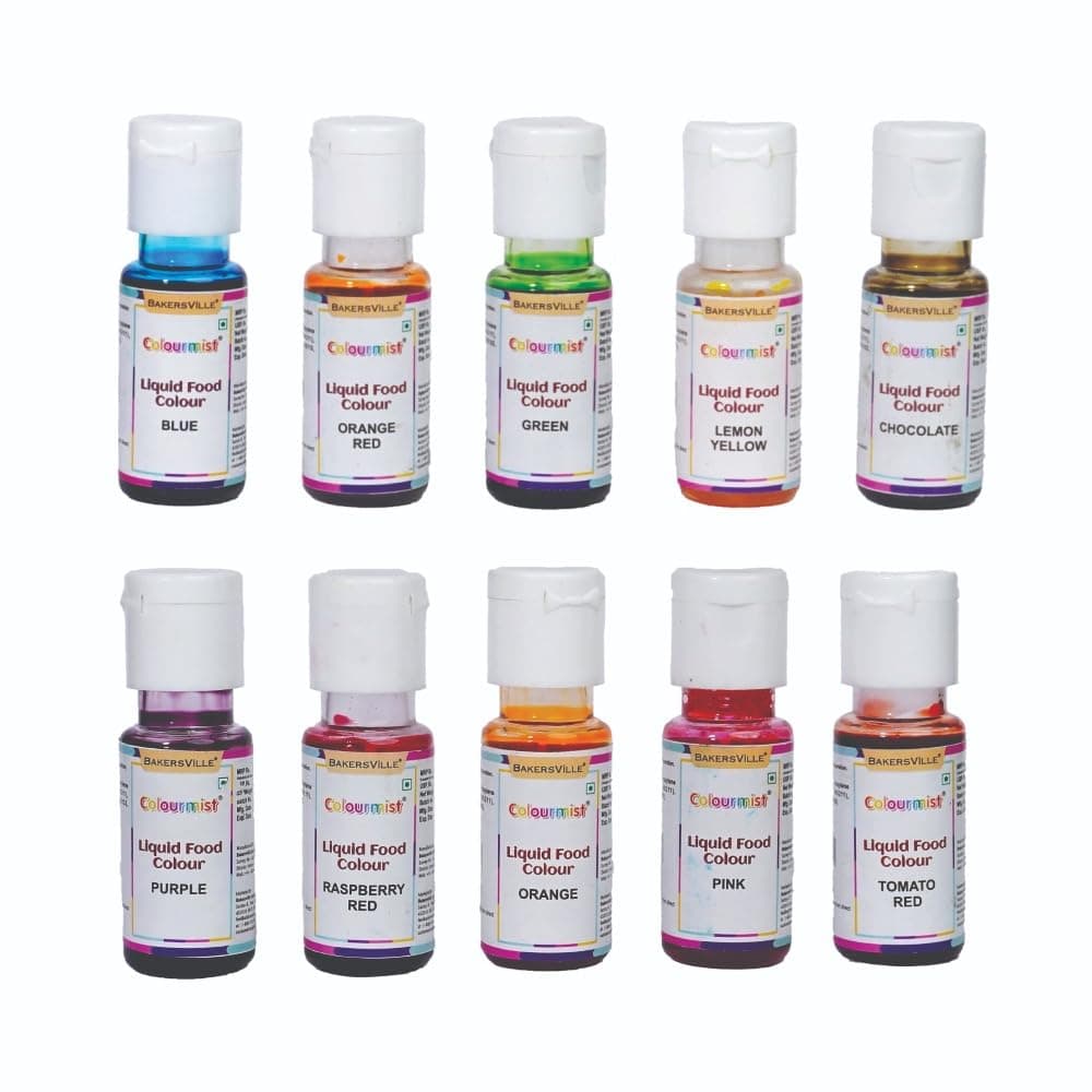 Colourmist Liquid Food Colour Assorted 20 Gm, Pack of 10 Colours (Orange, Blue, Orange Red, Raspberry Red, Purple, Lemon Yellow, Green, Chocolate, Tomato Red, Pink)