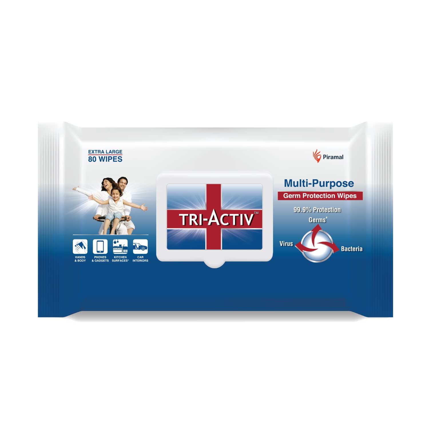 Tri-Activ Disinfecting and Sanitizing Multipurpose Germ Protection Wipes | 33% Extra Large 80 Wipes Lid pack| Pack of 1, White