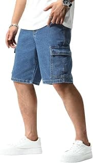 GRECIILOOKS Denim Cargo Shorts for Men Stylish | Washed Jeans Half Pant for Men | Knee Length Cargo Shorts for Mens | Regular Fit Mens Pant Casual, Utility Streetwear Jorts, Travel Summer Wear