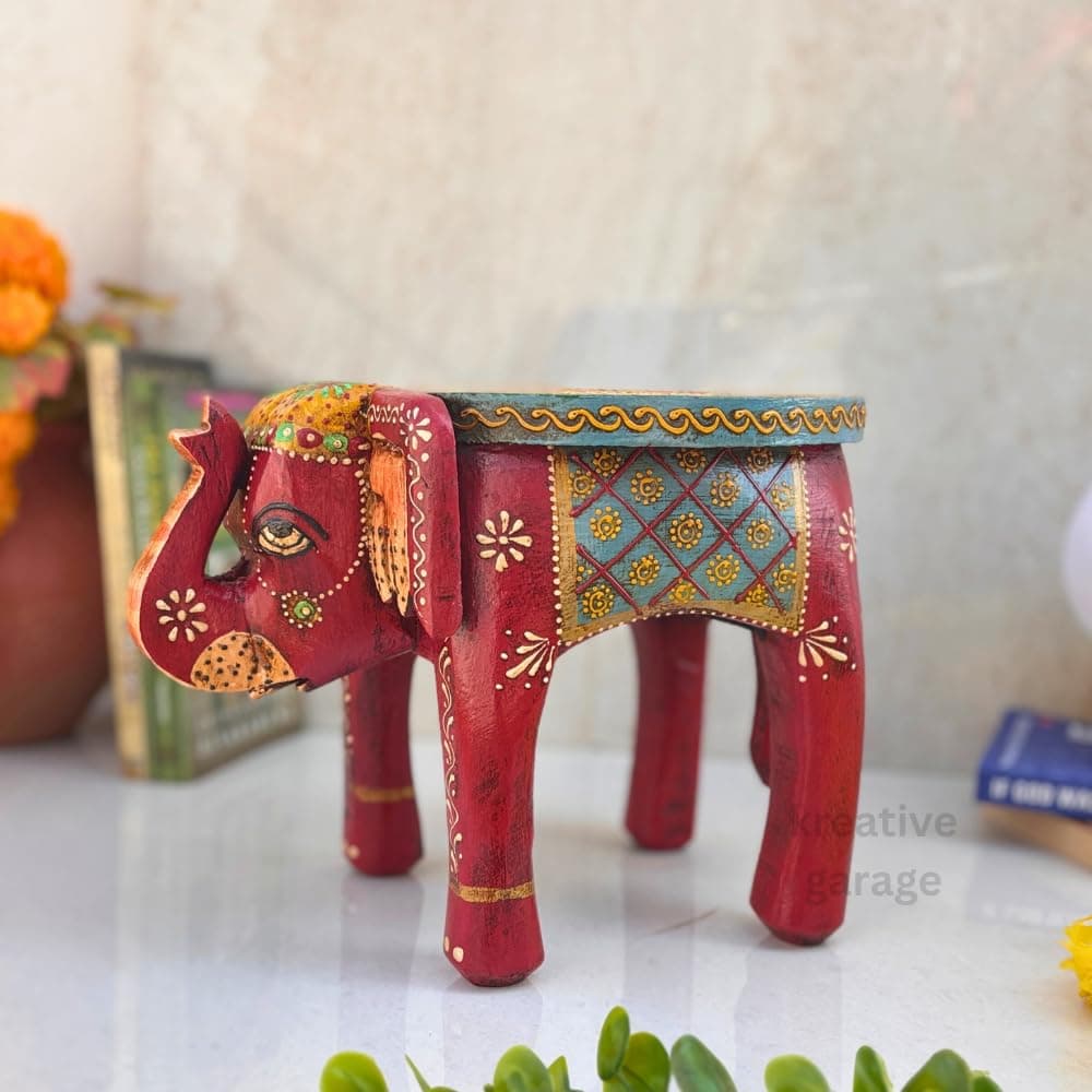 Handpainted Pure MangoWood Elephant stoolCum showpiece |Mandir Decor, Home Decor, Book Stand, Showpiece | Traditional Decorative Elephant for Living Room & Office|Embossed Decorative Showpiece