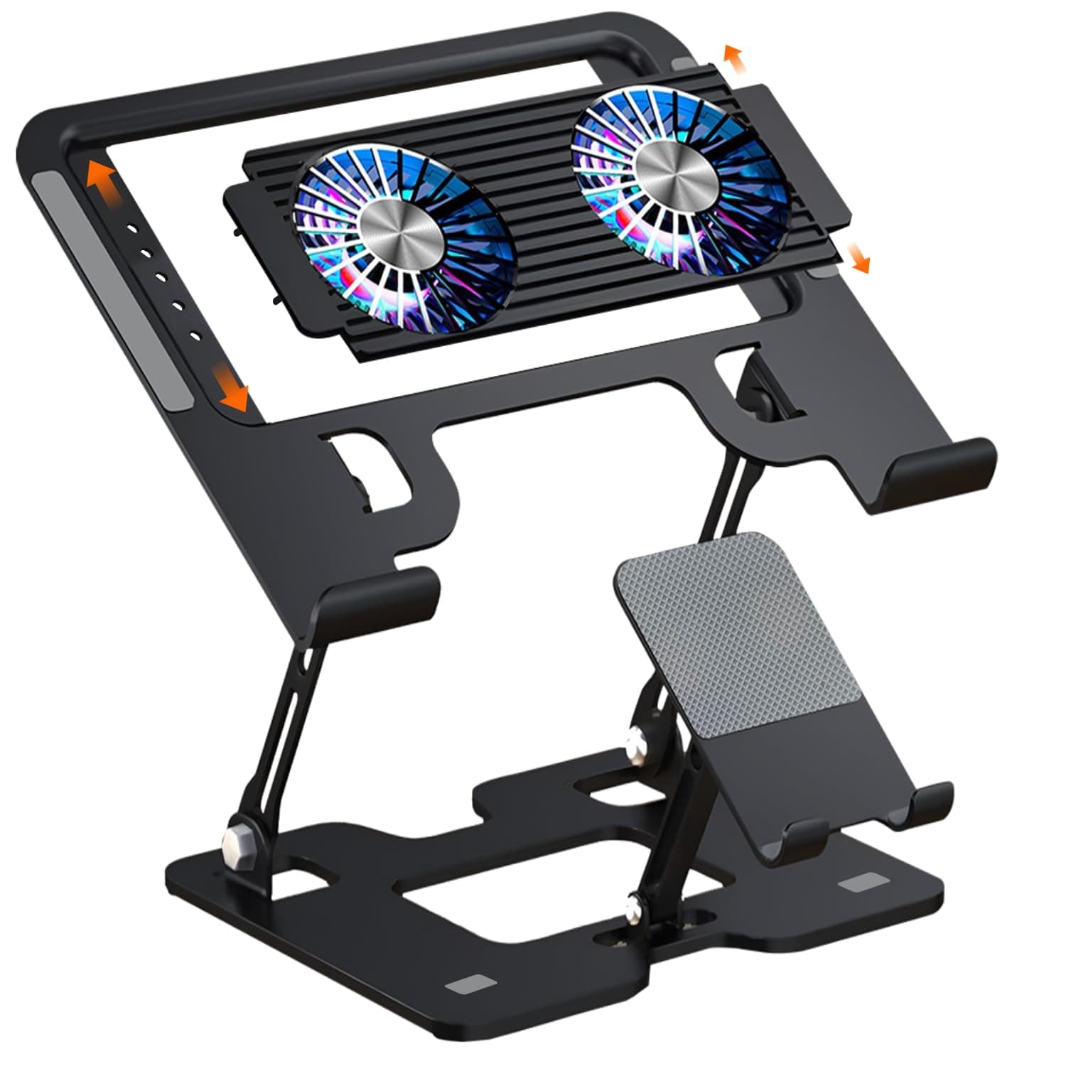 Dyazo Foldable Metal Laptop & Mobile Stand with Dual Cooling Fans | Adjustable Height & Angle | Ventilated Silent Operation | Compatible for MacBook, HP, Dell, Acer, Lenovo & Other Notebooks (Black)