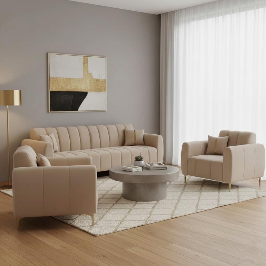 FURNY Harmony 5 Seater Velvet Fabric 3+1+1 Sofa Set (Beige) with Golden Finish Legs | Durable & Comfortable | Ideal for Living Room, Offices