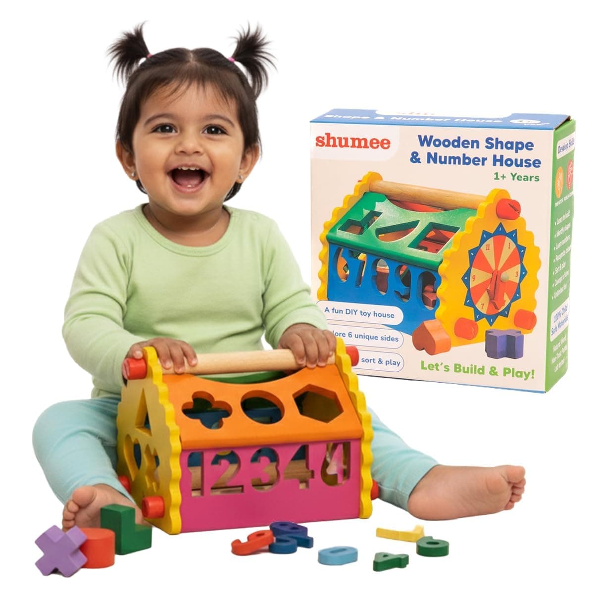 Shumee 6-in-1 Wooden House Shape Sorter Toys for Kids (1+yr) with Clock | Learn Numbers, Shapes, Colors & Time | Gift for 1 Year Old Boy & Girl | Numbers 0-9 & Easy Grip Shapes