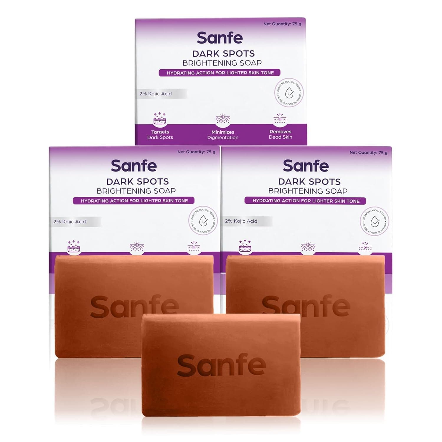 Sanfe Dark Spots Brightening Skin Lightening Soap Pack Of 3 | 2% Kojic Acid, Hydrating & Vitamin C | Anti Aging & Sun Protection | Skin whitening soap for women| Tan Removal Hyperpigmentation & Glow Moisturizing Bath Soap for Men & Women Glowing Skin
