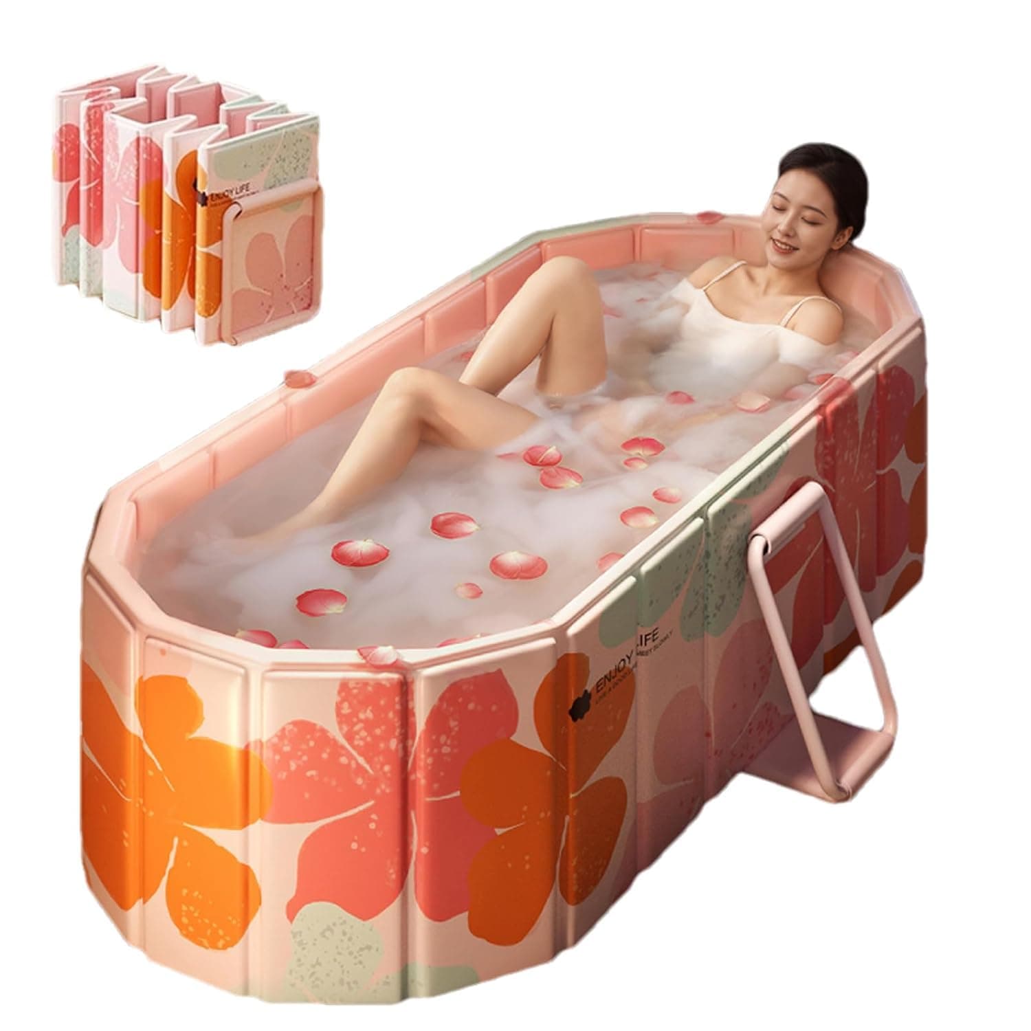 Valajogi Portable Foldable Adult Bathtub for Home, Large Plastic Soaking Tub with Drain Pipe, Freestanding Spa Bath Tub for Hot & Cold Bath, Balcony & Small Bathroom Use (Peach Blossom)