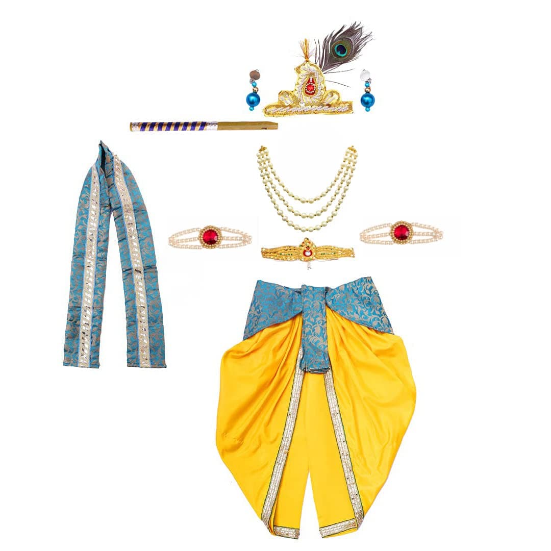 ITSMYCOSTUME Krishna Dress for Baby Boy Kids Set of 10(Dhoti,Patka,Hip Cover,Mukut,Morpankh,Bansuri,Kamarband,Bajuband,Kundal) Little Krishna Ji Kanha Janmasthmi Costume for Kids