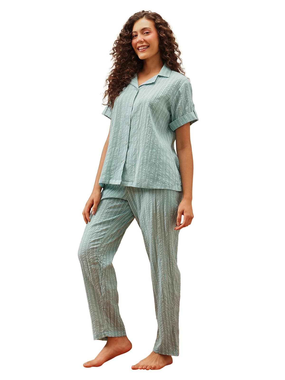 Clovia Women Rayon Night Suit– Printed, Shirt & Pyjama Set