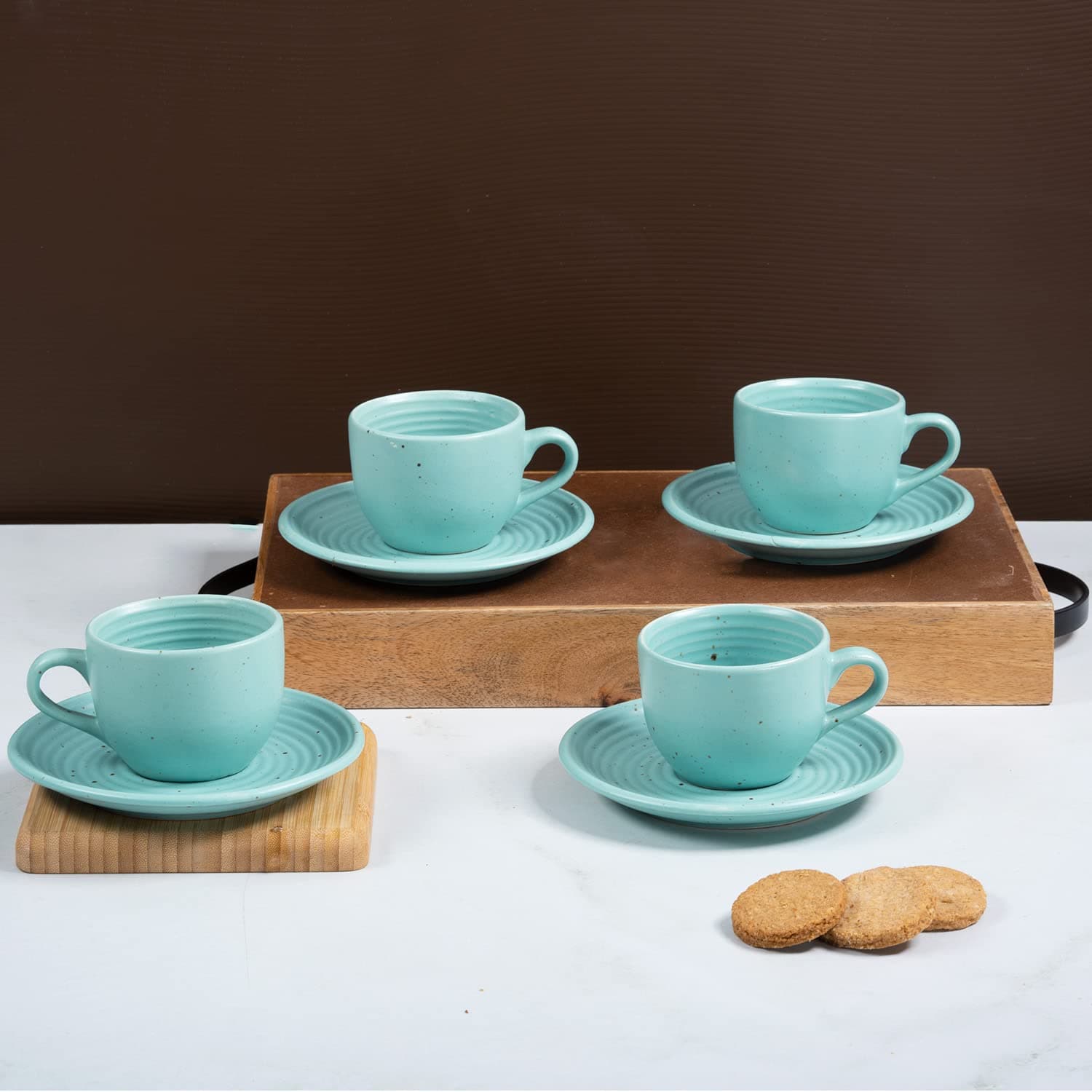 Wakefit Premium Tea Cup & Saucer | Set of 4 | 180 ml | Eco-Friendly Stoneware Ceramic | Toxin Free | BPA and Lead Free | Microwave & Dishwasher Safe | Ideal for Gifting | Blue Matt | Jolly