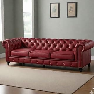 3 Seater Chesterfield Leatherette Sofa Button Tufted, Classic Style Sofa Set 3-Person Sofa for Living Room, Office, and Hallway Colour (Burgundy Leatherette, 3 Seater Sofa)